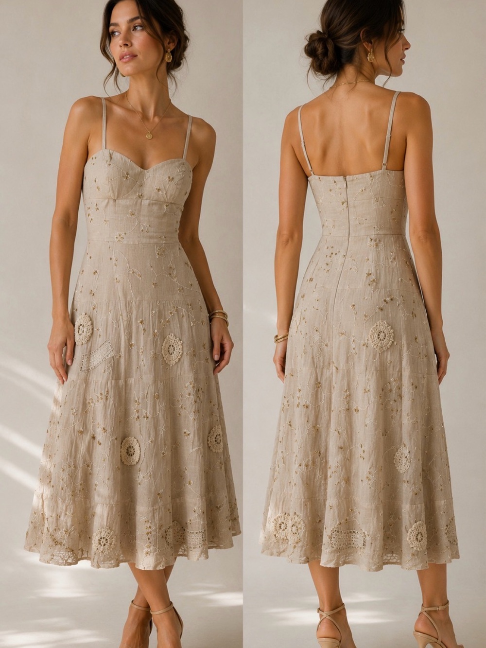 Laundry By Shelli Segal Cream Embellished Spaghetti-Strap Midi Dress